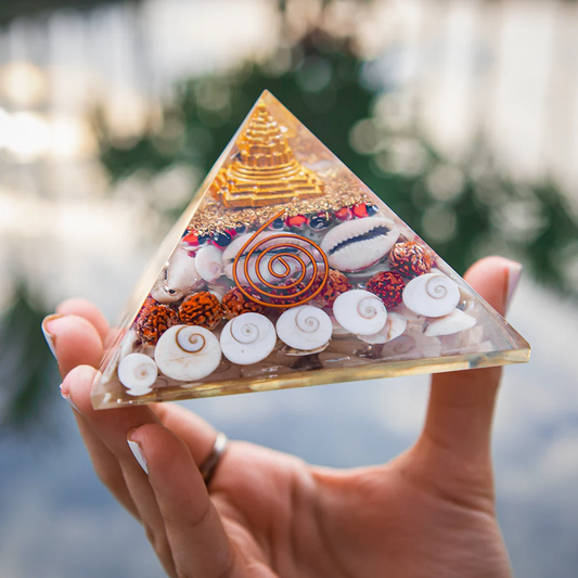 Premium Orgonite Vastu Energy Pyramid – Handcrafted with Natural Shells, Crystals & Copper Spiral